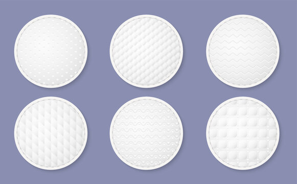 Cosmetic cotton pads texture. Realistic round white discs, hygiene and skin care product, soft face sponge with different embossing patterns, makeup remover accessory, utter vector set