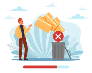 Delete, moving unnecessary files to trash. Clearing documents, optimization computer memory, man near garbage bin, cleansing software. Cache and spam on website vector cartoon flat concept