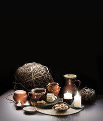 Food still life on wooden table