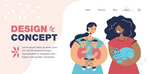 Two women holding kids and cats flat vector illustration. Cute female pet lover and mother talking, taking care of babies. Care, love concept for banner, website design or landing web page
