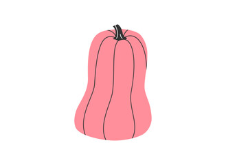 Hand drawn cute cartoon illustration of pumpkin. Flat vector Halloween and Thanksgiving sticker in simple colored doodle style. Fall or autumn harvest icon or print. Isolated on white background.