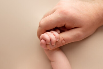 newborn baby holding father's finger. hand of a newborn baby. finger. baby handshake