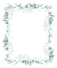 Fototapeta na wymiar Watercolor illustration card with eucalyptus frame and white square. Isolated on white background. Hand drawn clipart. Perfect for card, postcard, tags, invitation, printing, wrapping.