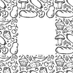 Black and white Seamless food background. Doodle vector food frame with place for text. Black and white food illustration