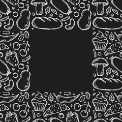 Seamless food background. Doodle vector food frame with place for text. Black and white food illustration