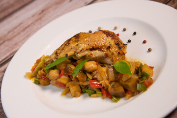 Recipe for grilled basquaise chicken with vegetables in ratatouille. High quality photo