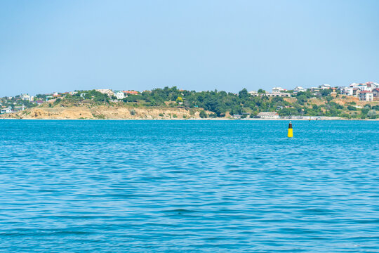 Sevastopol Crimea blue sea bay russian coast water coastal mangust, concept patrol tourism from light for tower cape, architecture harbor. Old nautical stone,