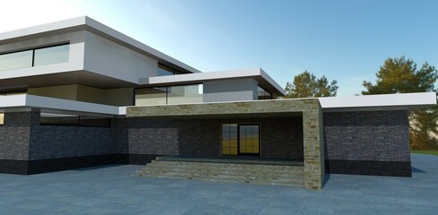 Front entrance to a luxurious building. Large mirror doors. Finishing the porch is old slate. 3d render.