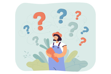 Question marks around cartoon girl holding big carrot. Woman thinking about eating healthy food flat vector illustration. Farming, agriculture, nutrition concept for banner or landing web page