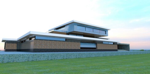 Luxurious country estate. Flat roof. Spacious terraces. Wall decoration old brick. 3d render.