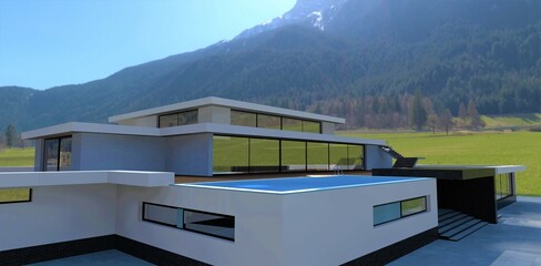 Obraz na płótnie Canvas Luxurious modern house at the foot of the mountain. Pool on the roof of the first level. Wall decoration is white plaster and black brick. 3d render.