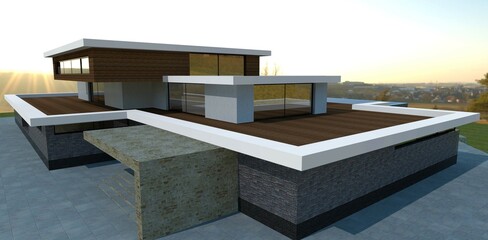 The concept of a luxurious three-level villa. Spacious wooden deck. Concrete pavement. Wonderful sunset. 3d render.