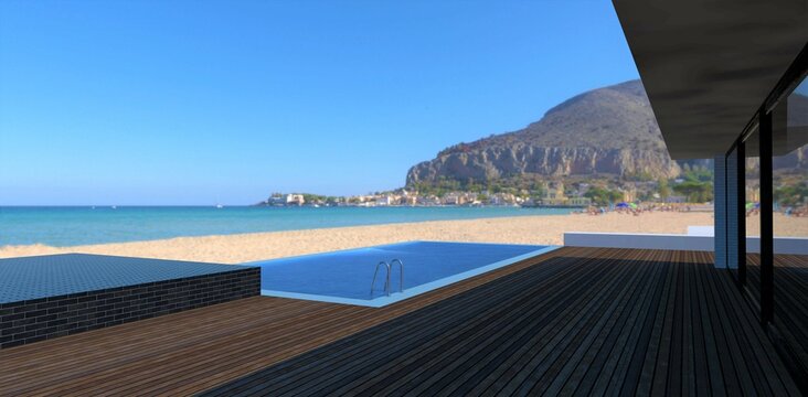 Wooden terrace overlooking the wonderful ocean bay. The pool opens directly onto the sandy beach. 3d render.