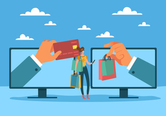Online payment. Shopping online, digital commerce, women makes purchases in online store, pay for goods by credit card, purchase delivery, girl with bags, vector cartoon flat concept