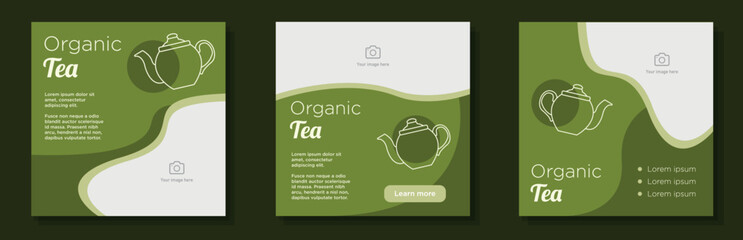 Organic tea social media post, banner set, warm beverage store advertisement concept, classic tea pot marketing square ad template, herbal drinks shop abstract print, isolated on background