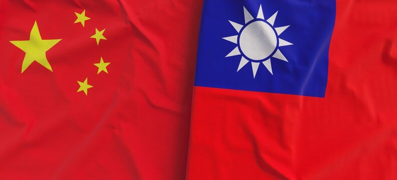 Flags Of China And Taiwan. Linen Flag Close-up. Flag Made Of Canvas. Chinese, Beijing. Taipei. State National Symbols. 3d Illustration.