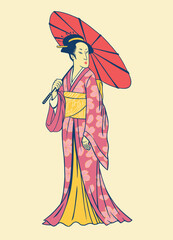 Hand Drawing of Japanese Women in Kimono