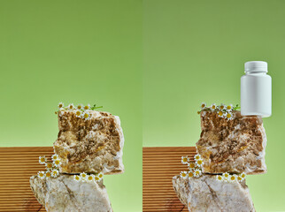 Stone pedestal with chamomile and wood on green background. Stone, chamomile, podium. Promotion for beauty product.