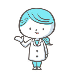 手を差し出して説明する薬剤師　青バージョン