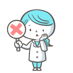 バツの札を出して困った表情の薬剤師　青バージョン