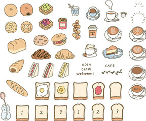 シンプルなタッチ　色々なパンとカフェモチーフのイラストレーションセット
