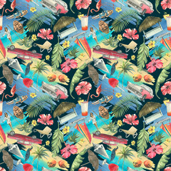 Fototapeta na wymiar Tropical, Cuban, bright pattern. Seamless on a dark background with cocktails, palm trees, retro cars, pink flamingos, seashells. Watercolor illustration from a large CUBA set.