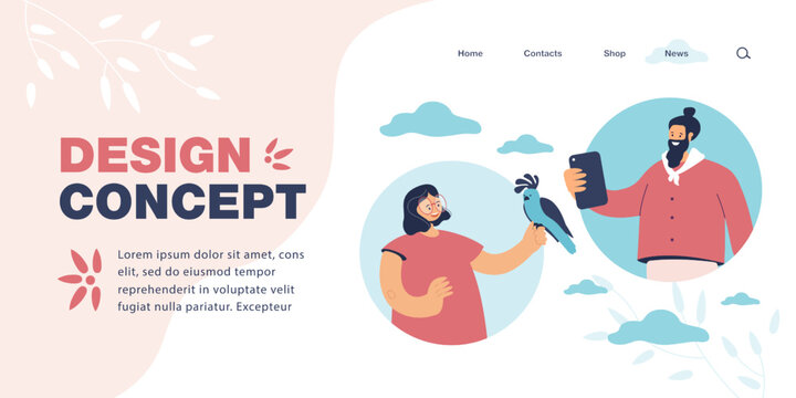Man taking picture of girl with parrot flat vector illustration. Happy character paying for photo with wild animal. Violence concept for banner, website design or landing web page