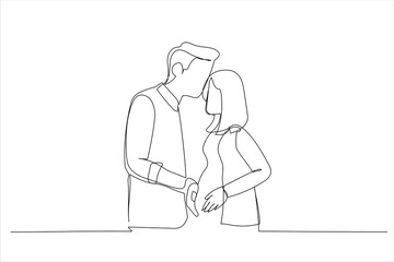 Drawing of loving couple waiting for baby, young husband touching pregnant wife belly. Single line art style