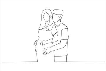 Cartoon of happy family expecting baby. Single continuous line art style