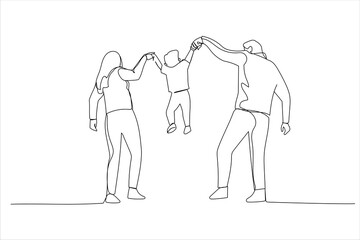 Cartoon of happy family in the park. Parents hold the baby's hands. Single continuous line art style