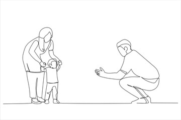 Illustration of happy family playing and baby learning to walk at home. One line art style
