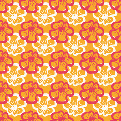 A vibrant floral summer pattern in orange, a tropical flowers seamless background