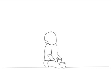 Drawing of happy little baby boy or girl sitting on floor at home. Single line art style