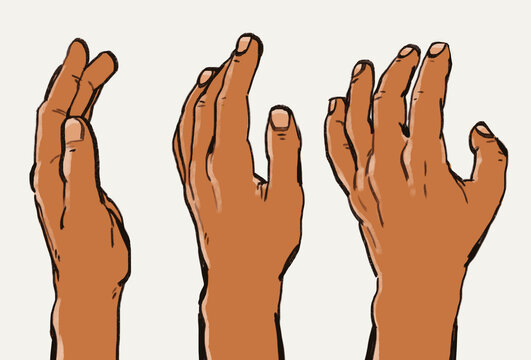 stylized hand drawn set of person's hands turn around rotation backside view