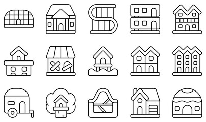 Set of Vector Icons Related to Type Of Houses. Contains such Icons as Owner, Mansion, Modern House, Penthouse, Shack, Stilt House and more.