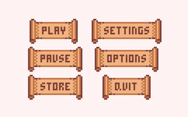 Naklejka premium Manuscript game buttons pixel art set. Papyrus scroll menu interface collection. Blank paper sheet. Play, settings, pause. 8 bit sprite. Game development, mobile app. Isolated vector illustration.