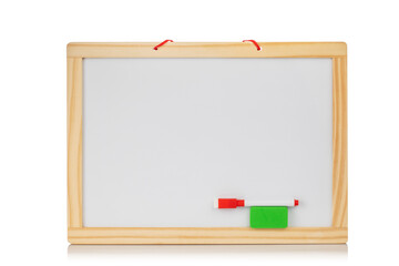 Magnetic board in a wooden frame with a marker on a white background.