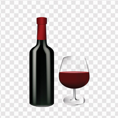 Realistic bottle of wine and glass glass with wine on a transparent background. Vector