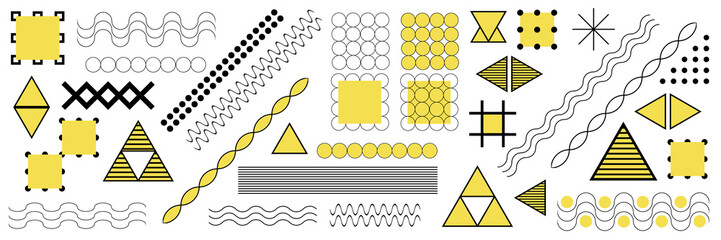 Set of geometric abstract shapes, vector design, yellow and grayscale