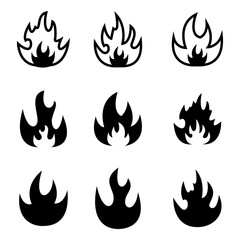 Fire flames. Set of flame icons in different shapes. Glyph fire icons