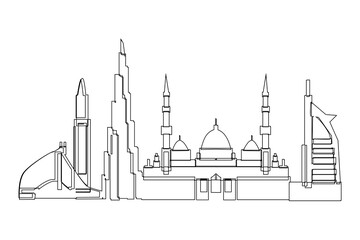 Dubai City skyline Line drawing. Vector illustration of Classic and modern buildings landmarks and city for printing or travel advertising concept.
