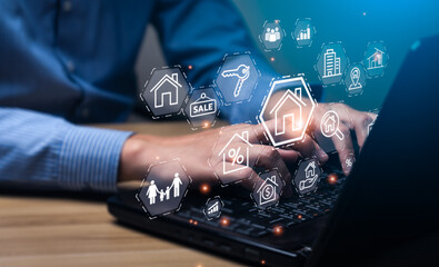 Concept of real estate investment, Business people use computers if information on real estate investments. Real estate, land, buildings, houses, offices, industrial plants, property tax