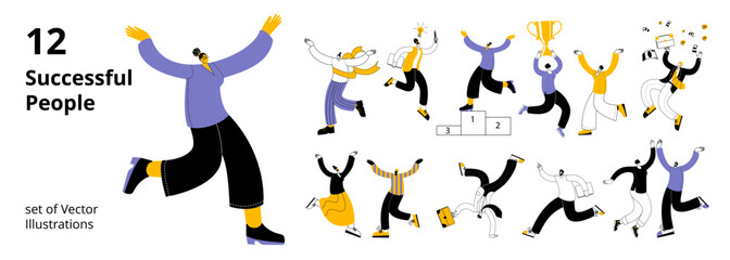 Successful people have fun jumping. A set of vector characters in outline style in business and casual clothes.