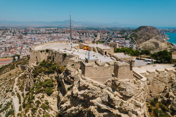 Alicante Santa Barbara castle with aerial view at the famous touristic city in Costa Blanca, Spain
