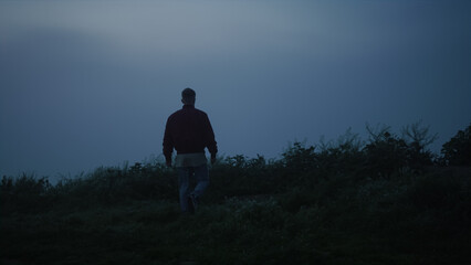 Fototapeta na wymiar Casual man walking in field. Inspired guy felling freedom in foggy landscape