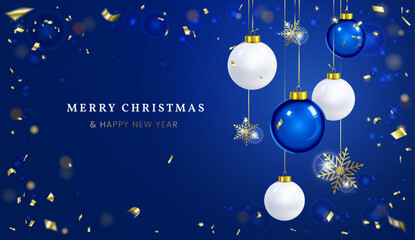 Blue Christmas greeting card. Vector illustration. Banner. - 521013238