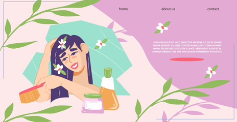 Hair care beauty procedures website banner template for beauty salon and hairdresser. Coloring and care natural products banner for website or landing page, flat vector illustration.