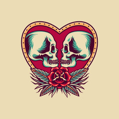 Skull Falling In Love Retro Illustration