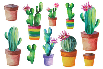 set of blooming watercolor cacti in pots illustration