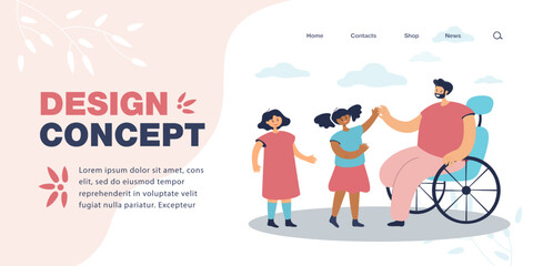 Happy father in wheelchair talking to adorable children. Cute girls and male person with physical disability flat vector illustration. Support, assistance, disability concept for banner, website